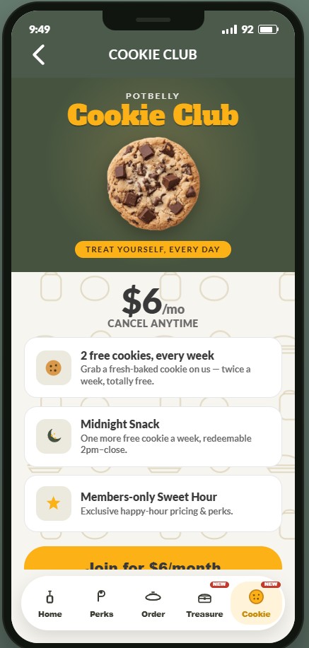 Cookie Club in-app screen: a $6 a month cookie subscription