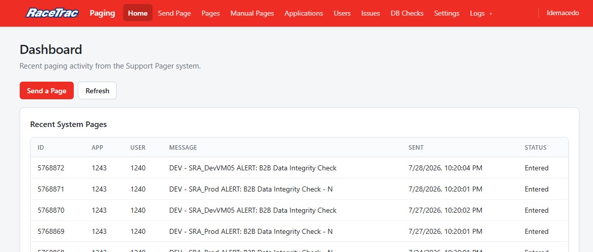 New paging dashboard: navigation for send page, pages, applications, users, issues, DB checks, settings and logs above a table of recent system pages
