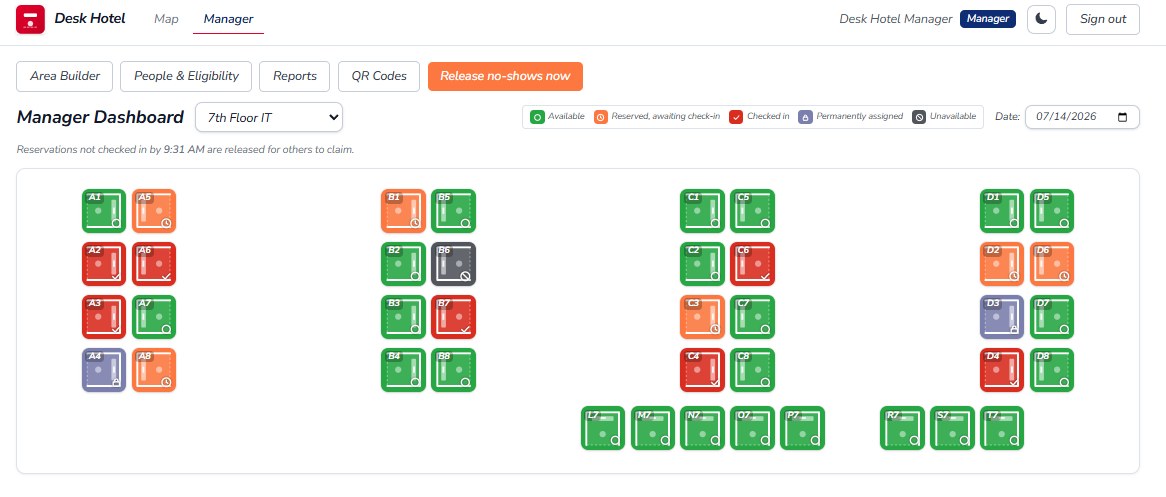 Manager dashboard: a 7th-floor floor plan with desks color-coded by status, and a Release no-shows now button