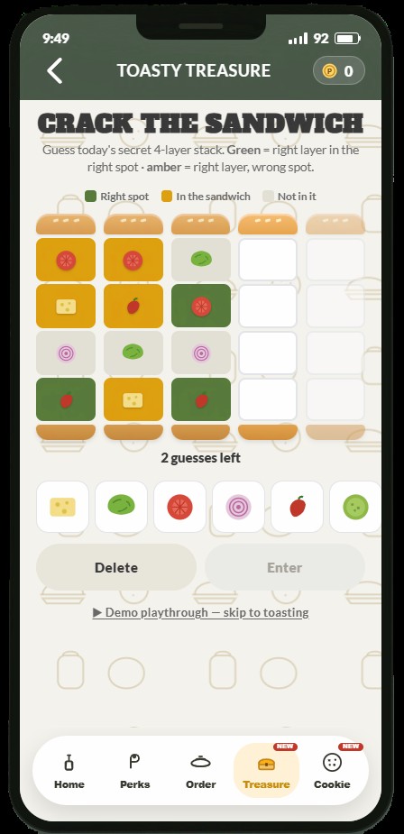 Toasty Treasure in-app game: guess the secret four-layer sandwich